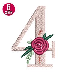 floral alphabet number 4 embroidery design, machine embroidery pattern, instant download