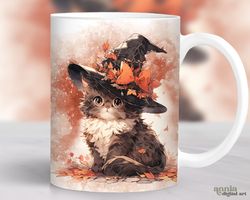 cute cat fall mug, cat witch hat mug  for halloween