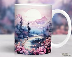 watercolor winter mug, floral mountains landscape mug