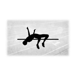 sports clipart: black track and field high jump event silhouette w/ male jumper jumping over bar in high jump pit - digi