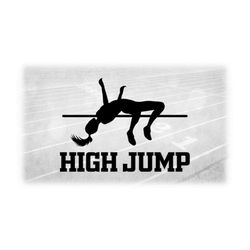 sports clipart: track and field high jump event silhouette with female jumper and bar in black with 'high jump' - digita