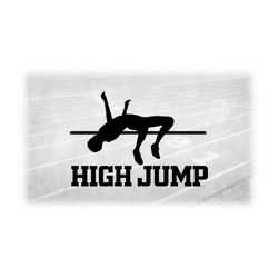 sports clipart: track and field high jump event silhouette with male jumper and bar in black with 'high jump' - digital