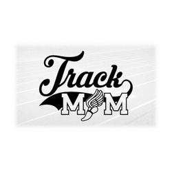 sports clipart: black words 'track mom' in baseball swoosh style w/ winged running shoe for track & field, digital downl