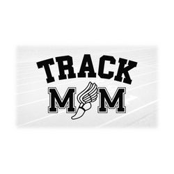 sports clipart: black words 'track mom' in  college letters w/ winged running shoe 'o' for track & field - digital downl