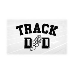 sports clipart: black words 'track dad' in  college letters w/ winged running shoe 'a' for track & field - digital downl