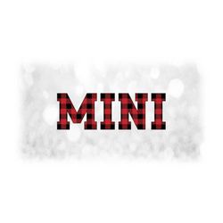 family clipart: capitalized block word 'mini' in black buffalo plaid checks layered on red background - digital download