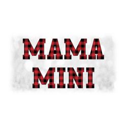 family clipart: matching words 'mama' and 'mini' in black buffalo plaid checkered layer over red solid background - digi