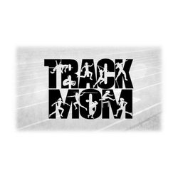 sports clipart: black words 'track mom' with female athlete silhouette cutouts performing many events - digital download