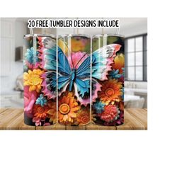 3d sunflower butterfly 20oz skinny tumbler wrap, floral butterfly straight sublimation graphics tumbler wrap png, instant digital download