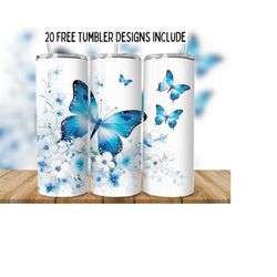 3d blue flower butterfly 20oz tumbler wrap png, butterfly sublimation design png, seamless butterfly tumbler png,straight tumbler wrap png,