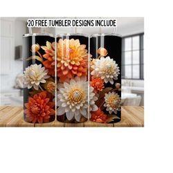 3d white and orange sunflowers 20oz  skinny tumbler wrap, 3d flowers 20oz tumbler sublimation designs, sunflowers tumbler wrap