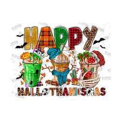 happy hallothanksmas coffes sublimation designs,christmas halloween western png,christmas drink design,happy hallothanks