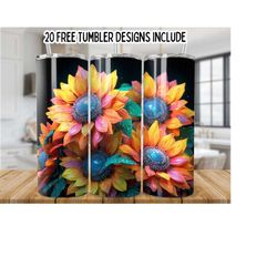 3d sunflowers 20oz skinny tumbler wrap,3d flowers 20oz tumbler sublimation designs, sunflower tumbler wrap, colorful sunflower tumbler png