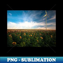 Sunflower field with wind turbine and cloudy blue sky painting effect - High-Quality PNG Sublimation Download - Unleash Your Inner Rebellion