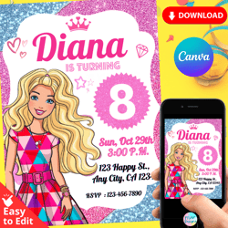 barbie birthday invitation template digital girl invite