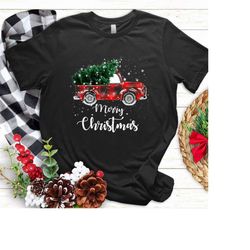buffalo plaid christmas tree red truck t shirt, christmas truck shirt, buffalo plaid christmas shirt, christmas truck, c