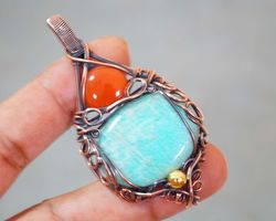 amazonite pendant onyx pendant copper wire wrapped pendant amazonite gemstone pendant women's fashion jewellery