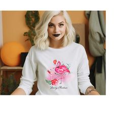 christmas flamingo sweatshirt, christmas sweatshirt, gift for her, string lights sweatshirt, gift for women, christmas g