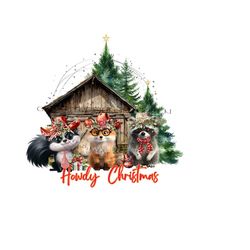 forest animals christmas barn png - 'howdy christmas' - rustic western barn, skunk, fox, raccoon clipart - sublimation file digital download