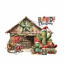 whimsical christmas farm sublimation png - western barn clipart, 'howdy christmas', cowboy cactus design - digital download