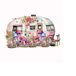 whimsical vintage camper & mushrooms png - boho sublimation design - camping clipart