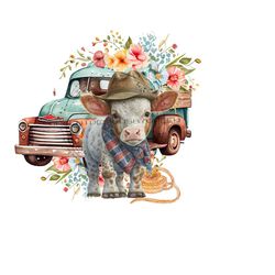 cow png, cute cow sublimation, rustic truck, western cow and flower clipart, cowboy hat clipart, calf png download, wildflower sublimation.