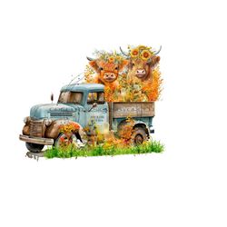 highland cow png, funny calf sublimation wild flowers sublimation, rustic truck, western clipart, calf png download, wildflower sublimation.