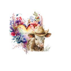 cow png,  calf sublimation, flowered heart png, western cow face, cow and flower clipart, cowboy hat clipart, calf png download sublimation.