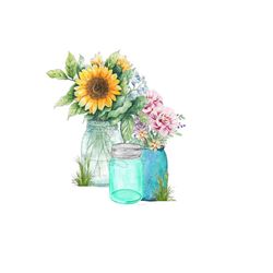 mason jar png digital download, sunflower mason jar clipart, canning jar clipart,  mason jar png, clear & blue vases filled with sunflowers