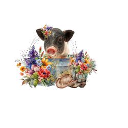 pig in metal wash tub, wildflower sublimation, mini piggy png, wildflower png, pig sublimation, cowboy hat clipart png, pig sublimation