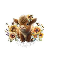 highland longhaired cow png, bumble bee sublimation, vintage graphic png, calf with glasses graphic, sunflower clipart, highland calf png.
