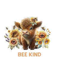 highland longhaired cow png, bumble bee sublimation, 'bee kind' png, calf with glasses graphic, sunflower clipart, highland calf png.
