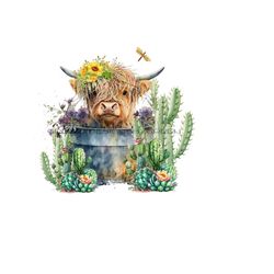Highland Longhaired Cow in Metal Tub PNG with Cactus - Adorable Cow Clipart