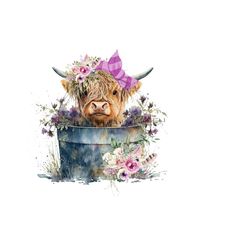 highland longhaired cow png, cute cow sublimation, vintage metal tub png, calf png graphic, purple wildflower clipart, highland calf png.