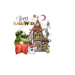 Whimsical Haunted House Clipart - Ghosts, Crescent Moon, Gnome, Bats, Skull, Potion - 'Happy Halloween' text - PNG & JPG - Digital Download