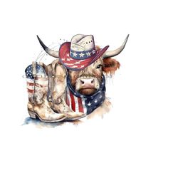 festive rustic western americana clipart - longhaired cow, american flag, cowboy hat, cowboy boots - sublimation png digital download