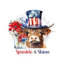 sparkle & shine highland cow with american flag top hat - rwb mason jar flowers - patriotic longhaired cow digital download