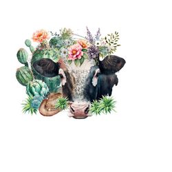 black and white cow png, cactus sublimation, cacti png graphics, cowboy hat clipart, western image, cow png digital download, western png