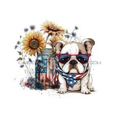 patriotic dog with sunglasses & american flag bandana - mason jar and sunflower accent - digital download