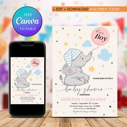 oh boy baby shower invitation, elephent boy baby shower invitation template canva editable