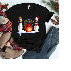 bowling christmas santa hat xmas lights t shirt, bowling christmas shirt,  bowling ball santa hat funny sport xmas, gift