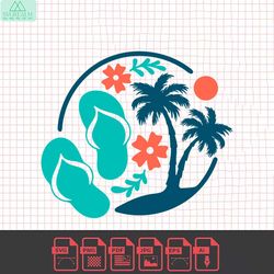 beach scene svg, palm tree circle cut file for cricut, silhouette, hibiscus flowers, floral beach svg, flip flops, cruis