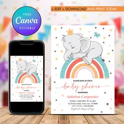 oh boy baby shower invitation, elephent boy baby shower invitation template canva editable