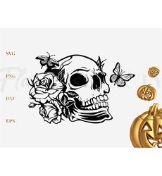 skull with roses flowers butterfly svg, png, halloween clipart vector cut file