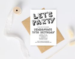 simple black and white birthday invitation template, any age, instant download birthday invitation for boys teens kids