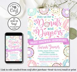 editable donuts and diapers baby shower invitation, donut baby shower invitation, diaper baby shower invitation