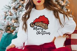leopard santa hat merry christmas sweatshirt, christmas tshirt, cheetah shirt, christmas sweatshirt, christmas family sw