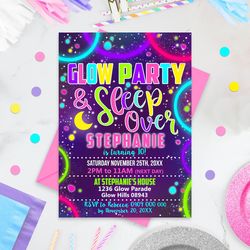 sleepover glow invitation glow slumber invitation sleep over birthday invitation pajama party