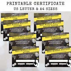 murder mystery award printable certificate, crime scene achievement certificate, game night prize awards, game party pdf