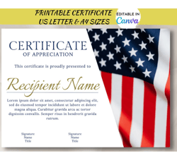 editable american flag appreciation certificate | usa veteran's certificate of achievement customizable template